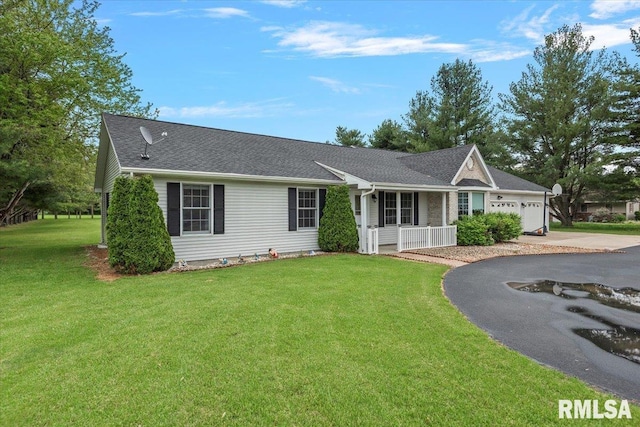 single story home with aphalt driveway, a front yard, a shingled roof, an attached garage, and a porch