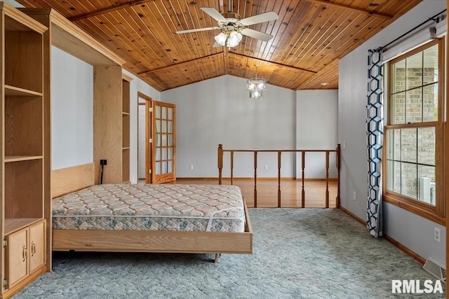 carpeted bedroom featuring baseboards, an inviting chandelier, wooden ceiling, and lofted ceiling