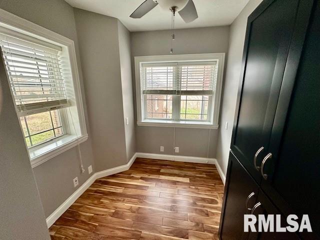 unfurnished room with baseboards, a ceiling fan, wood finished floors, and a wealth of natural light