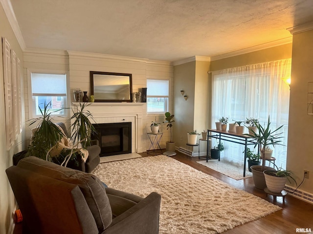 912 N Main St, Monroe City, MO 63456 - living area with crown molding, baseboards, wood finished floors, and a tile fireplace