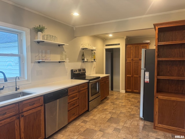 912 N Main St, Monroe City, MO 63456 - kitchen with stainless steel appliances, open shelves, a sink, and tasteful backsplash