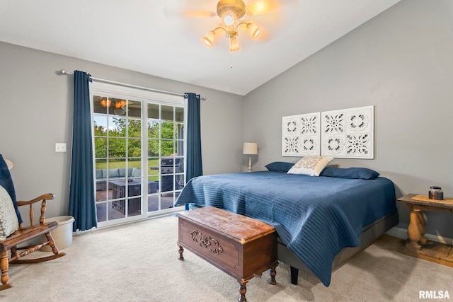 carpeted bedroom with lofted ceiling, access to exterior, and ceiling fan