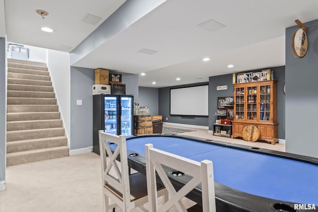 rec room with carpet floors, recessed lighting, and baseboards