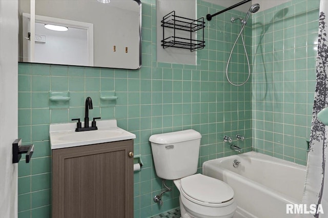 full bathroom with vanity, shower / bathtub combination with curtain, toilet, and tile walls