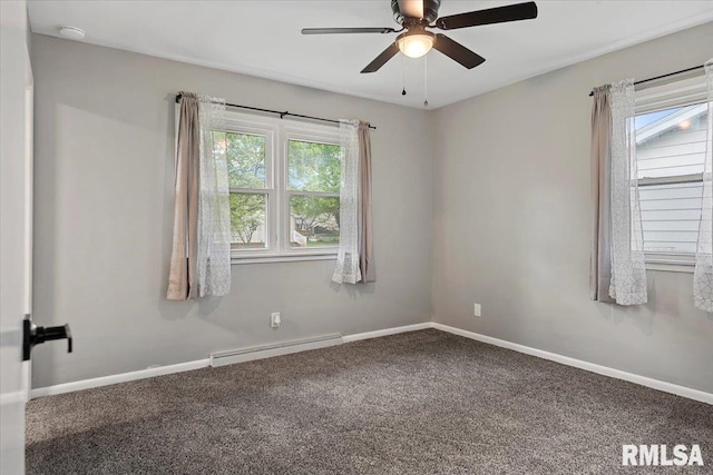 unfurnished room with baseboards, a baseboard radiator, a ceiling fan, and carpet flooring