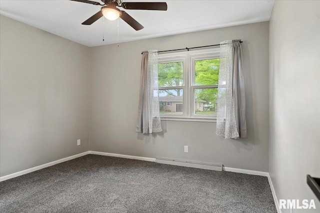 empty room with carpet flooring, a ceiling fan, baseboards, and baseboard heating