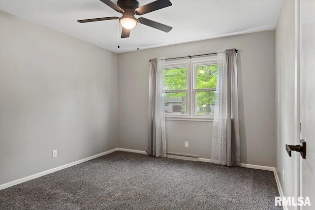 carpeted empty room with baseboards, a ceiling fan, and baseboard heating