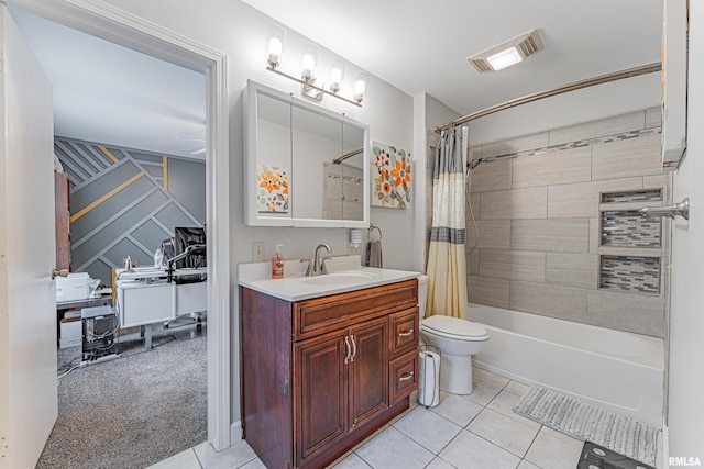 full bathroom with visible vents, shower / tub combo with curtain, tile patterned flooring, vanity, and toilet