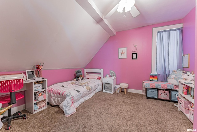 bedroom featuring baseboards, a ceiling fan, carpet flooring, and lofted ceiling