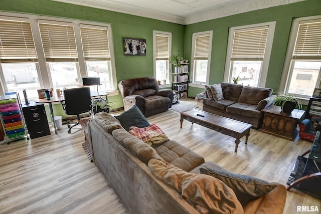 629 W Adams St, Taylorville, IL 62568 - living area featuring plenty of natural light, wood finished floors, an office area, and ornamental molding