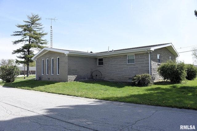 24 Parkway Dr, Sherman, IL 62684 - view of side of home with crawl space, a yard, and stone siding
