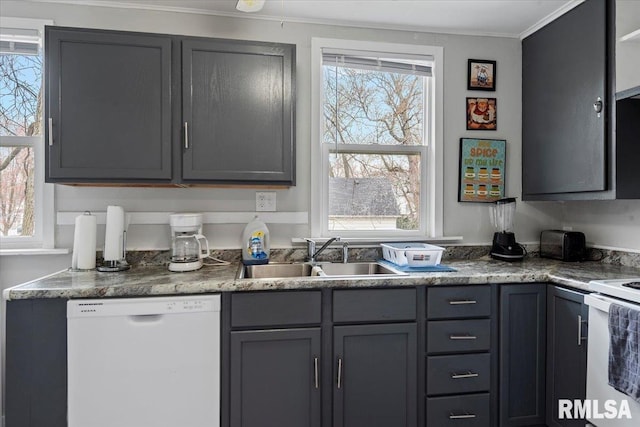 1127 N 6th St, Springfield, IL 62702 - kitchen featuring range with electric cooktop, dishwasher, a sink, gray cabinetry, and ornamental molding