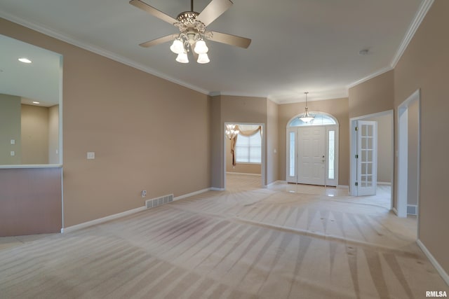 3408 Wynvalley Rd, Quincy, IL 62301 - foyer with crown molding, baseboards, light colored carpet, ceiling fan, and recessed lighting
