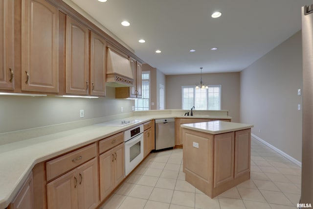 3408 Wynvalley Rd, Quincy, IL 62301 - kitchen featuring white appliances, premium range hood, a peninsula, a sink, and light countertops