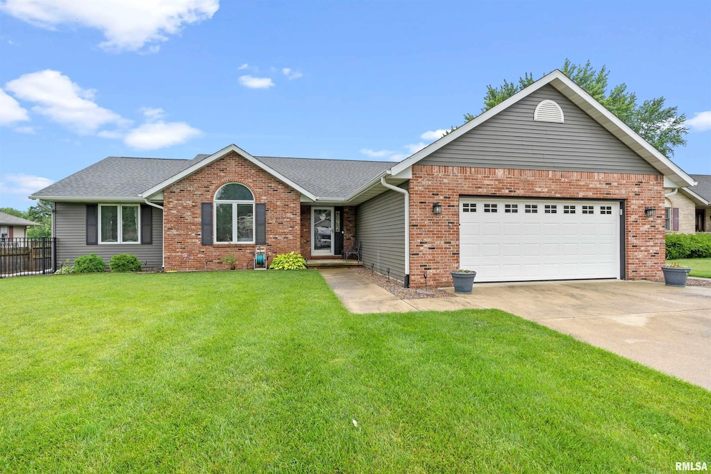 single story home featuring driveway, an attached garage, brick siding, and roof with shingles
