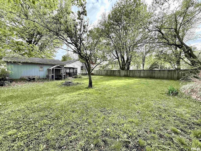 view of yard featuring a fenced backyard and an outdoor fire pit