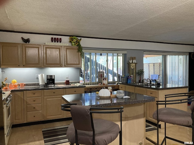 kitchen with a center island, a textured ceiling, stainless steel gas range, and a kitchen breakfast bar