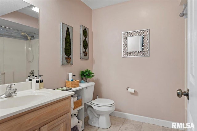 full bath featuring walk in shower, toilet, vanity, tile patterned flooring, and baseboards