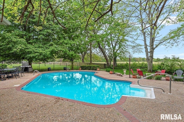 view of swimming pool featuring a patio area, a fenced backyard, and a fenced in pool