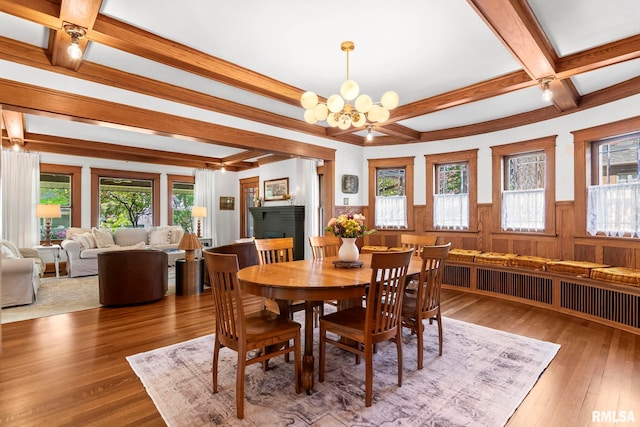 dining space featuring coffered ceiling, wainscoting, beamed ceiling, and plenty of natural light