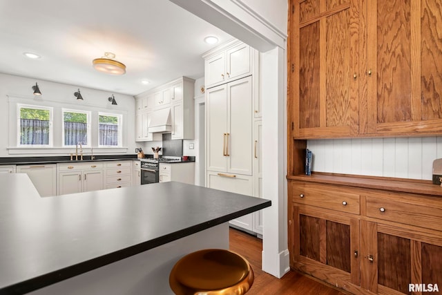 kitchen with premium appliances, custom exhaust hood, dark countertops, and dark wood-style floors