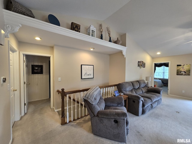 2704 Kings Pointe NE Unit 2704, Quincy, IL 62305 - living area featuring lofted ceiling, light carpet, recessed lighting, and baseboards