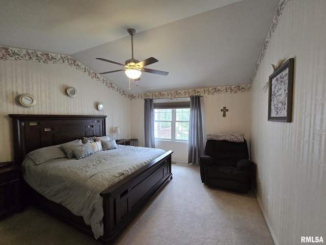 2704 Kings Pointe NE Unit 2704, Quincy, IL 62305 - bedroom featuring ceiling fan, wallpapered walls, light colored carpet, and vaulted ceiling