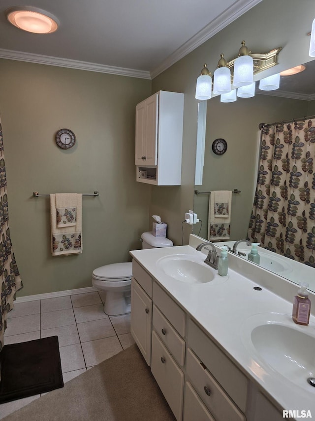 2704 Kings Pointe NE Unit 2704, Quincy, IL 62305 - bathroom with double vanity, tile patterned flooring, ornamental molding, and curtained shower