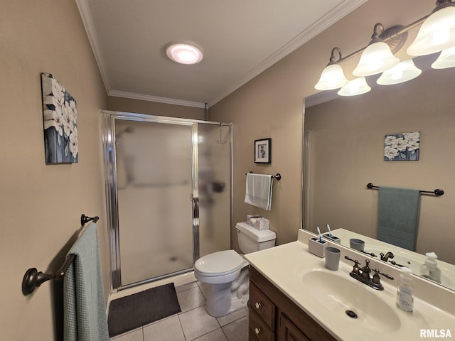 2704 Kings Pointe NE Unit 2704, Quincy, IL 62305 - full bath featuring toilet, vanity, ornamental molding, tile patterned floors, and a stall shower
