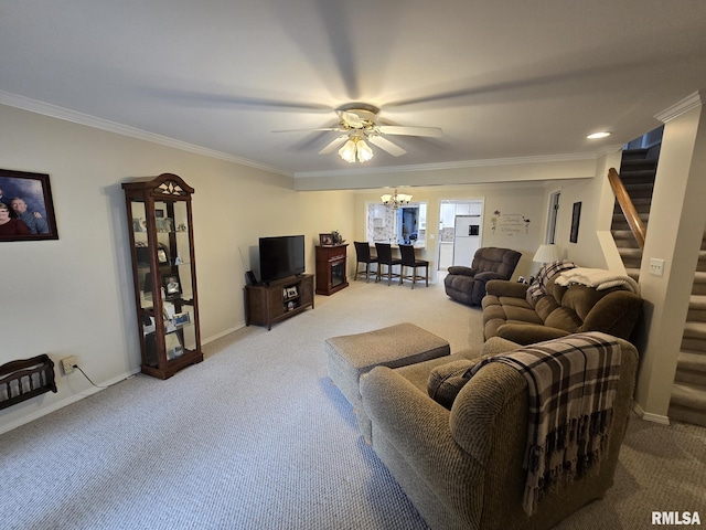2704 Kings Pointe NE Unit 2704, Quincy, IL 62305 - living area with stairway, crown molding, carpet, and ceiling fan with notable chandelier