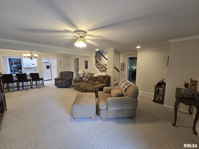 2704 Kings Pointe NE Unit 2704, Quincy, IL 62305 - living room featuring carpet flooring, ceiling fan with notable chandelier, stairway, ornamental molding, and recessed lighting