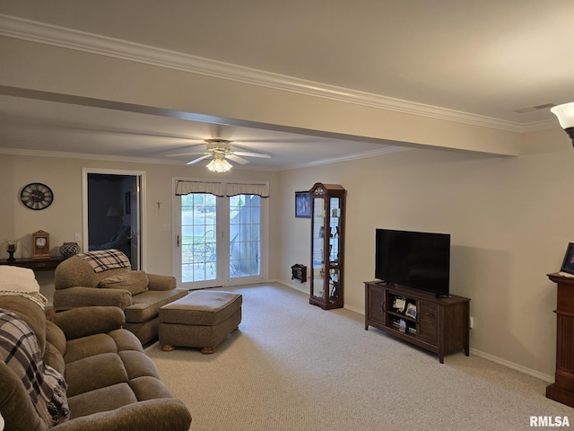 2704 Kings Pointe NE Unit 2704, Quincy, IL 62305 - carpeted living area featuring baseboards, ornamental molding, visible vents, and ceiling fan