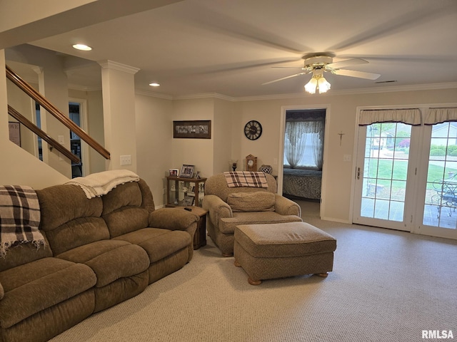 2704 Kings Pointe NE Unit 2704, Quincy, IL 62305 - living area featuring a ceiling fan, recessed lighting, carpet flooring, stairs, and crown molding