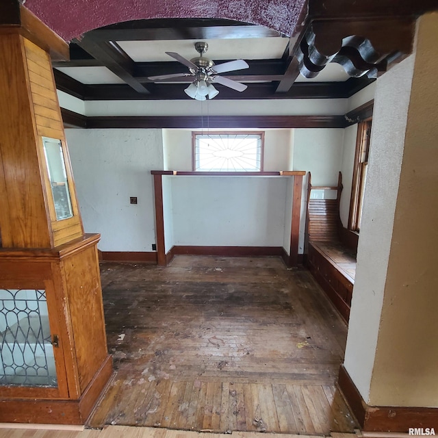 207 W Main St, Knoxville, IL 61448 - interior space featuring baseboards, beamed ceiling, hardwood / wood-style floors, and coffered ceiling