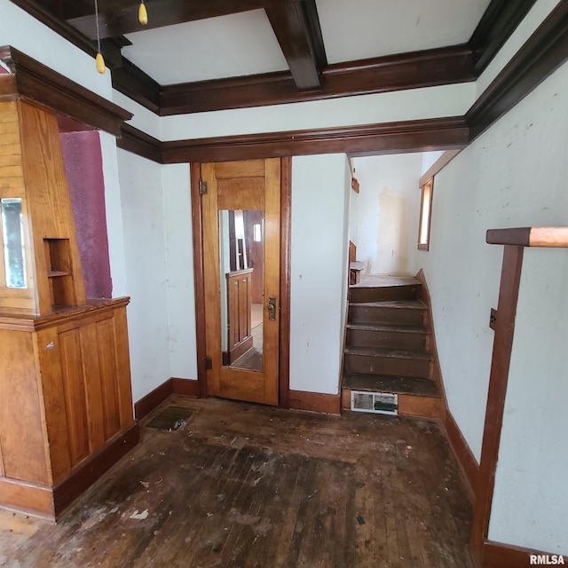 207 W Main St, Knoxville, IL 61448 - unfurnished living room with hardwood / wood-style flooring, stairs, visible vents, beamed ceiling, and baseboards