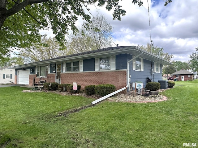 single story home featuring a front lawn, central air condition unit, brick siding, and a garage