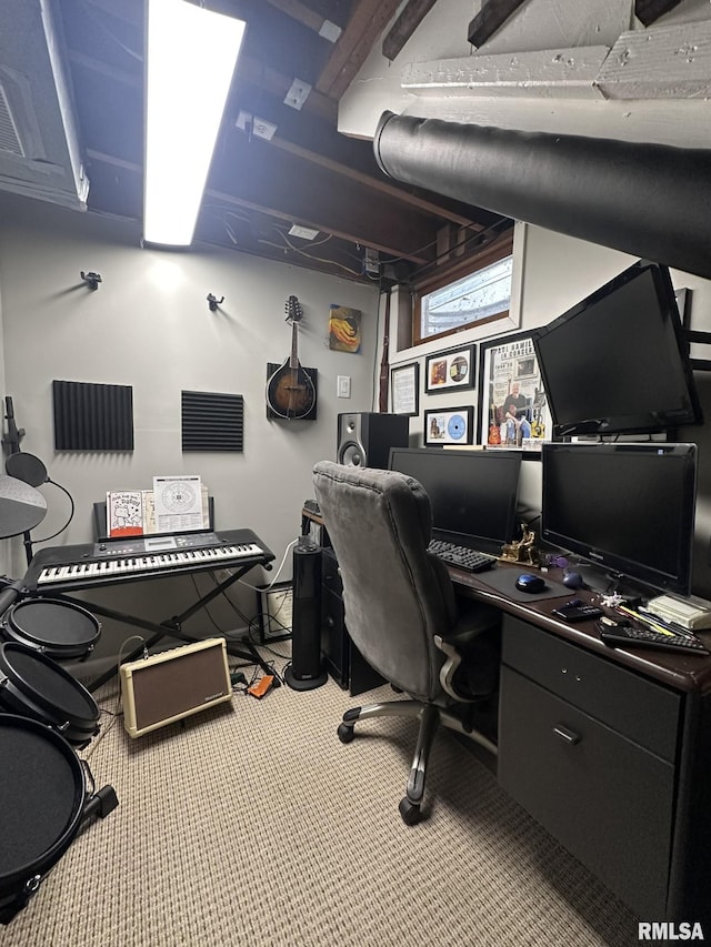 home office featuring light colored carpet