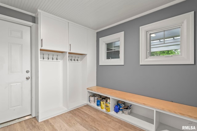 mudroom with crown molding and light wood-type flooring