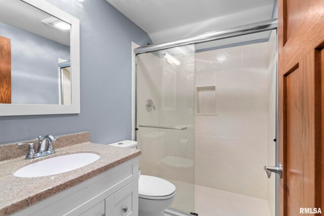 bathroom with toilet, vanity, and a stall shower