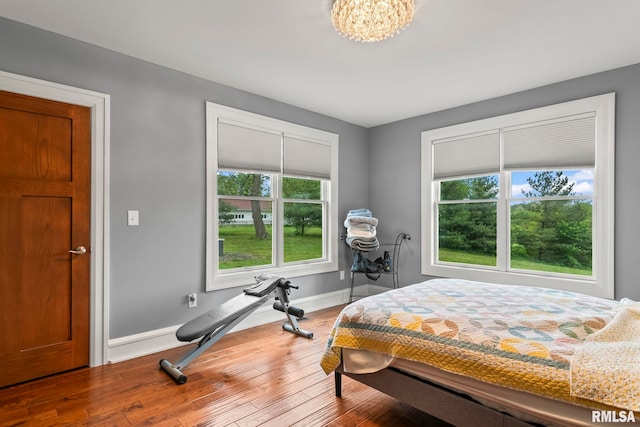 bedroom featuring baseboards, multiple windows, and hardwood / wood-style floors