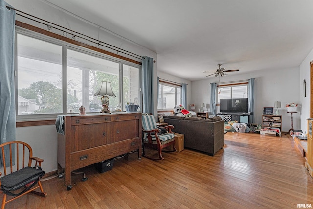 living area with a ceiling fan and wood finished floors