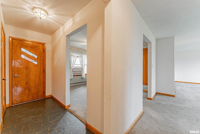 foyer entrance featuring carpet flooring, baseboards, baseboard heating, and stone finish flooring