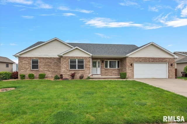 ranch-style home with concrete driveway, brick siding, a garage, and a front lawn