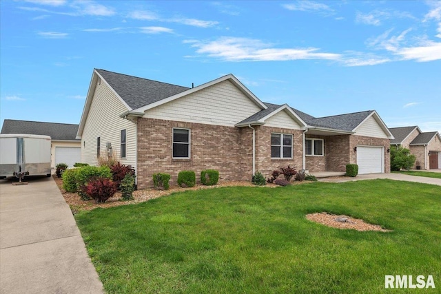 single story home with roof with shingles, an attached garage, brick siding, driveway, and a front yard