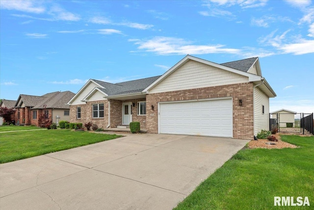 single story home with fence, an attached garage, brick siding, concrete driveway, and a front yard