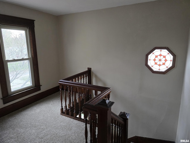 stairway featuring baseboards, carpet floors, and plenty of natural light