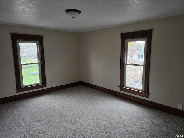 carpeted spare room featuring a textured ceiling, baseboards, and plenty of natural light
