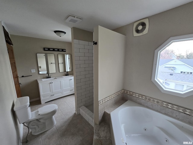 full bathroom featuring a tub with jets, vanity, visible vents, tile patterned floors, and a tile shower