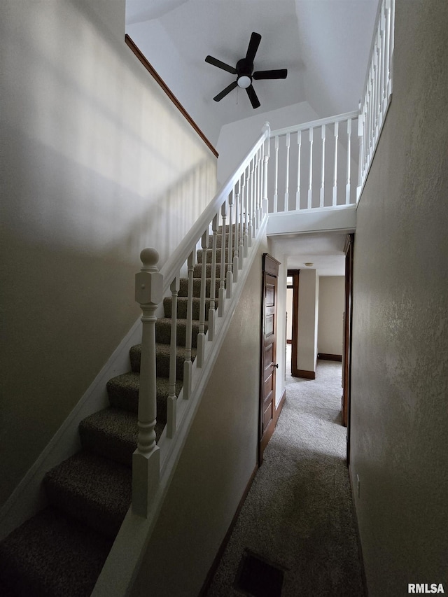 stairway with ceiling fan, a towering ceiling, and carpet flooring