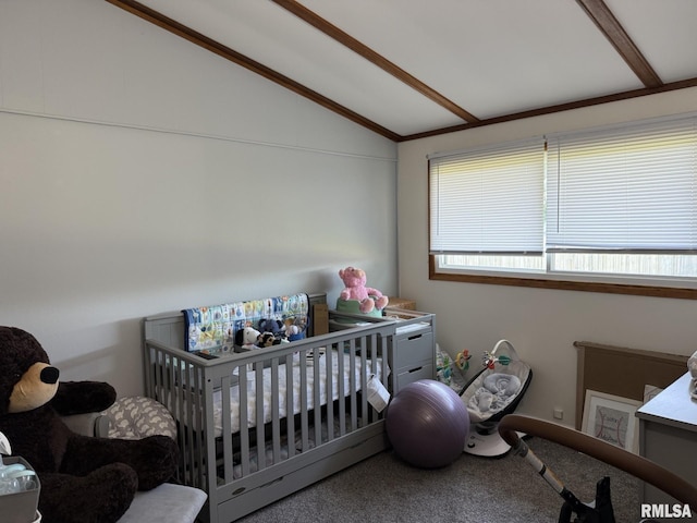 176 Lakeview Dr, Wataga, IL 61488 - bedroom with lofted ceiling, a nursery area, and carpet flooring